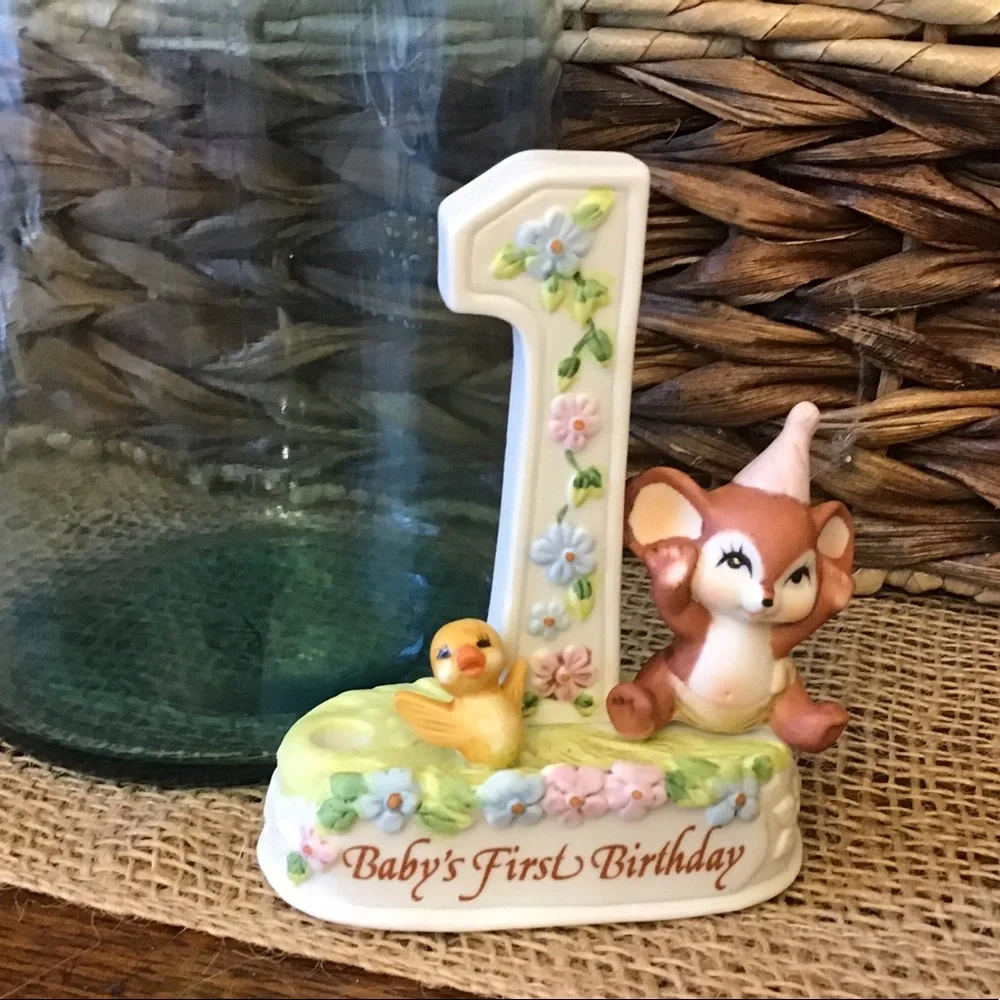 Vintage 80’s cake topper candle holder for first birthday.